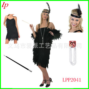 <b>Flapper</b> <b>Girl</b> Costume Tassel <b>Dress</b> Feather Headband Beaded Necklace Cigarette Stick Set Women Party Cosplay LPP2041 - Product Image 1
