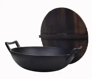 Pre-Seasoned Cast Iron Wok with 2 Handled and Wooden Lid Nonstick Iron Deep Frying Pan with Flat Base