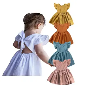 Летняя однотонная детская одежда, винтажное хлопковое льняное платье с открытой спиной и бантом для маленьких девочек, праздничное платье с оборками, детские летние платья