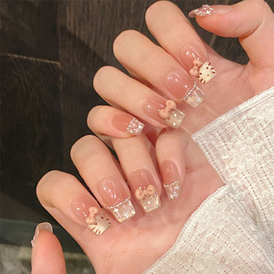 <span class=keywords><strong>Uñas</strong></span> Postizas <span class=keywords><strong>de</strong></span> ABS con Diseño <span class=keywords><strong>de</strong></span> <span class=keywords><strong>Hello</strong></span> <span class=keywords><strong>Kitty</strong></span>, Color Rosa Nude Cuadrado Francés con Lazo, Reutilizables, 30 Piezas - Product Image 1