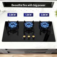 Cuisinière à gaz domestique haute puissance en verre trempé 3 brûleurs à gaz intelligentes rabattables