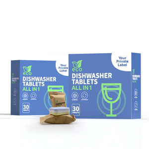 Tabletas para Lavavajillas Ecológicas y Biodegradables Todo <span class=keywords><strong>en</strong></span> <span class=keywords><strong>Uno</strong></span>, Fórmula Vegana a Base de Plantas con Película de Papel Kraft y Caja - Product Image 1