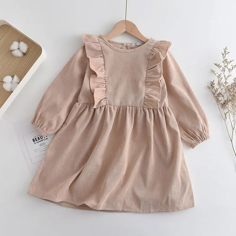 Girls' casual dress autumn new round neck fungus edge long sleeve solid color corduroy dress for 2-10 years