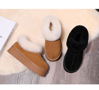 Bottes de neige basses pour femme en cuir de vachette et laine, à enfiler, à talon plat, chaudes pour l'hiver, style « pain »