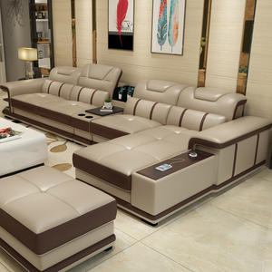 Sofá Seccional en Forma de U de Cuero Genuino Estilo Europeo Moderno, Grande, 1+2+3 Plazas - Product Image 1