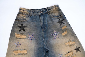 Nouveau à la mode Hip-hop rue jambe large ample jambe droite hommes Denim pantalon cinq branches étoile paillettes bleu Graffiti déchiré jean - Product Image 3