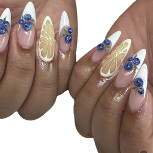 Conception française d'amande citron <span class=keywords><strong>myrtille</strong></span> ongles artificiels mignon dessin animé motif de fruits moyen Nail Art presse sur les ongles - Product Image 2