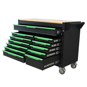 Premium Black and Green Rolling Tool Cabinet with 12 <b>Lockable</b> <b>Drawers</b> and Wooden Worktop for Garage Use - Product Image 6