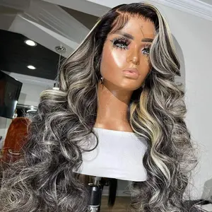 Skunk Stripe 13x4 Lace Frontal Wigs Black Grey Highlight Body Wave Lace Front Wig Gray Blonde Colored Human Hair Wigs