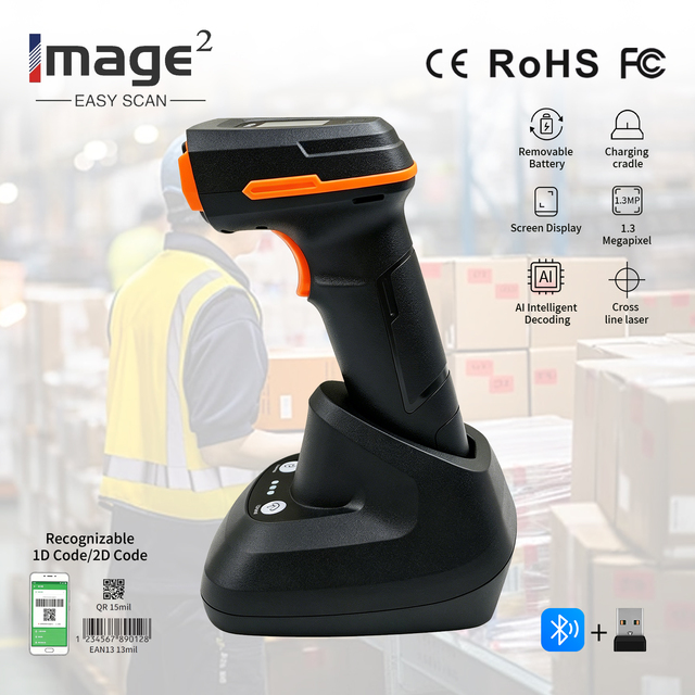 1D 2D Wireless Handheld Barcode Scanning Display Screen Charging Base Barcode Scanner for Production and Manufacturing