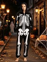 Costume de squelette pour adulte, combinaison à capuche zippée pour Halloween, pour hommes et femmes, en polyester, pour fête costumée