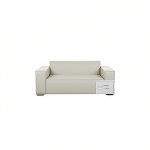 Divano Minimalista a Due Posti in Pelle PU Bianco Sporco con Imbottitura in Schiuma, Mobili per Soggiorno, Braccioli Quadrati, Schienale Rigido, Gambe in Plastica - Product Image 1