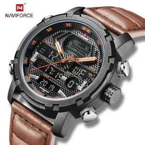 Naviforce relógio de pulso masculino, relógio digital analógico esportivo de luxo de couro genuíno 9160