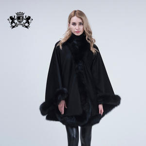 Janefur Wholesale Warm 100% Wool Women <strong>Black</strong> <strong>Shawl</strong> Rea; fox Fur Trim Pashmina <strong>Shawl</strong> - Product Image 2