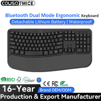 Clavier Bluetooth rechargeable étanche avec repose-poignets, touches ergonomiques sans fil, clavier ergonomique avec batterie amovible