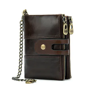 WB043 Wholesale Fashion Hot SellingチェーンクラッチバッグZipper Retro Change 2 Fold Card Holder Short Leather RFID Men Key Wallet