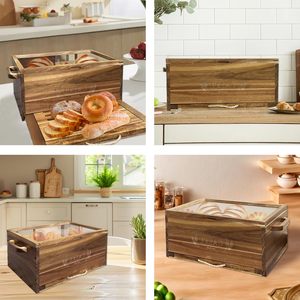 Caja de madera de acacia grande para el mostrador de la cocina, tabla de cortar pan de madera con bandeja para <span class=keywords><strong>migas</strong></span>, contenedor de almacenamiento de pan, caja de granja - Product Image 4