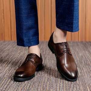 Zapatos de vestir de color liso con cordones y punta puntiaguda de cuero genuino marrón, suela de goma para todas las estaciones, envío directo - Product Image 2