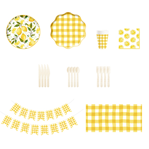 DAMAI - Juego de Vajilla Desechable para Fiestas Infantiles, Picnic, Camping, Cumpleaños, Diseño a Cuadros Amarillo Limón, Servilletas, Vasos y Platos de Papel - Product Image 4