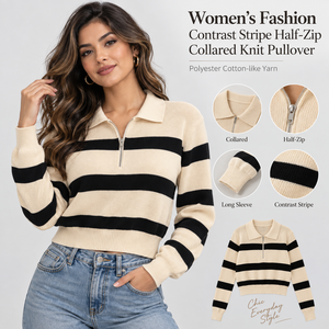 Pull en maille à demi-zip pour femme, manches longues, col rabattu, à rayures contrastées, avec poignets côtelés, collection automne-hiver, OEM ODM - Product Image 2
