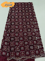Tissu en dentelle perlée à la main de couleur violette, dentelle brodée soluble dans l'eau avec des perles et des strass pour robe de mariage africaine F1546