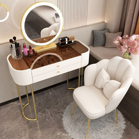 Nouvelle Table de Maquillage Moderne avec Miroir sur Pied, Plateau en Verre Trempé et Pieds Dorés, Table de Coiffure pour Chambre à Coucher avec Tiroir de Rangement