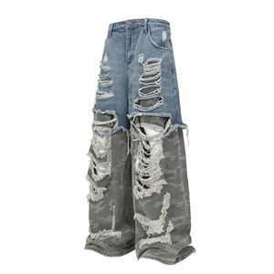 Venta al por mayor Otoño Streetwear Heavyweight False Two Layer Washed Jeans de pierna ancha para hombres - Product Image 6