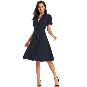 Robe de soirée élégante pour femmes robe sexy col en V à manches courtes simple boutonnage robe vintage trapèze robe décontractée de bureau pour femme robe solide - Product Image 6