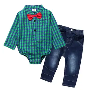 Check tshirt manica lunga denim pant autunno baby child boy abiti suit infant abbigliamento per bambini outfit per bambini ragazzi
