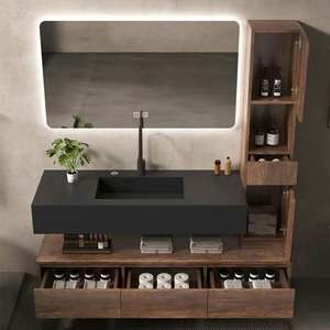 Mueble de Baño de Madera Maciza Estilo Americano, Mueble de Baño de Pared con Doble Lavabo y Espejo Inteligente Extra Grande - Product Image 2