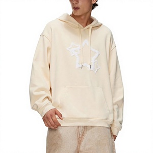 Sweat-shirt à capuche oversize pour homme, couleur crème, avec poche brodée étoile, en polaire décontracté pour l'automne - Product Image 1