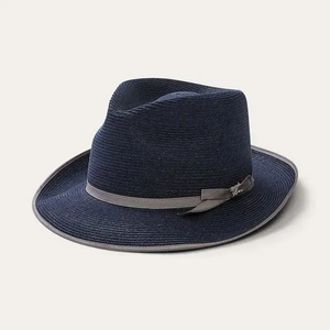 Elegant <b>Navy</b> Blue Woven Straw Fedora <b>Hat</b> for Men Breathable Wide Brim Summer Dress <b>Hat</b> with Grosgrain Trim - Product Image 4