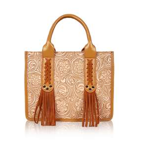 Vintage Solid Color Embossed PU Women Tote Bag Bohemian Fringe Decoration Top <b>Handle</b> <b>Handbag</b> Western Style Zipper Closure Purse - Product Image 1