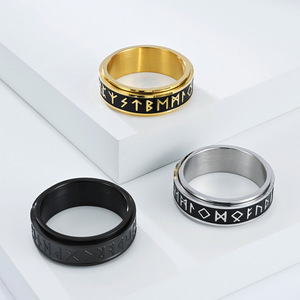 Anillo giratorio con letras vikingas nórdicas para hombre, acero, oro, negro, escritura alfanumérica, anillo para el dedo índice, regalo de joyería - Product Image 1