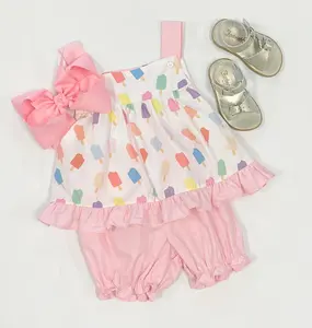 Preorder butik yaz popsicle baskı küçük kızlar kolsuz tunik gömlek bloomers ile set toptan çocuk giysileri