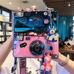 IMD Blue Light 3D Cartoon Camera Crossbody Lanyard Phone Case For iPhone 12 11 Pro Max Bracket TPU Cover With Straps