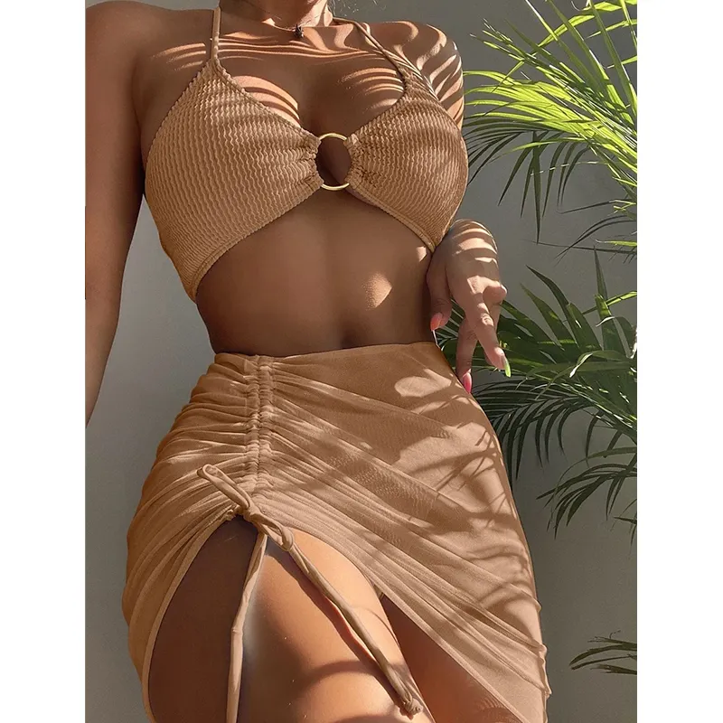 Maillot de bain taille haute personnalisé maillots de bain maillot de bain de créateur ensemble de bikini 3 pièces avec couverture pour la plage