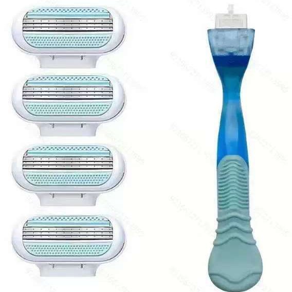 Transparent blue 1-blade holder, 4 blades [OPP bag packaging]