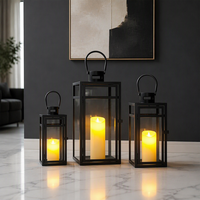 Ensemble de 3 lanternes à bougies en verre et fer noir mat, centres de table de mariage, supports de lampes, lanternes à bougies résistantes au vent en métal