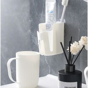 Adhesive Wall Mounted <b>Toothbrush</b> <b>Holder</b> Set With Cup And Toothpaste Storage For Bathroom - Product Image 4