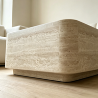 Table basse carrée en travertin naturel massif, bord arrondi, table centrale en pierre pour salon, villa, hôtel, décoration intérieure