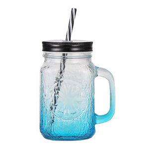 16Oz Juice Mason <span class=keywords><strong>Cup</strong></span> Nhiều Màu Xử Lý Mô Hình Dập Nổi Có Nắp Rơm Chai Uống Ly Bia Cốc Cà Phê Gia Đình - Product Image 1