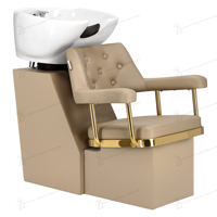 Fauteuil de coiffure de luxe doré, fauteuil de barbier, ensemble de mobilier de salon de coiffure, fauteuil de coiffure, lit de lavage en céramique, station de salon marron