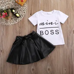 Wholesale Letter Short Sleeve T-shirt+PU Leather Black Skirt Set Summer Cute Popular Baby Girl 2Pcs Clothes Kids Clothing Set