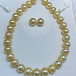 Natural Gold Pearl Necklace <b>Set</b> with 14mm Earrings 13-15mm Round Slightly Flawed Strong Light Silver Buckle Included for Parties - Product Image 4