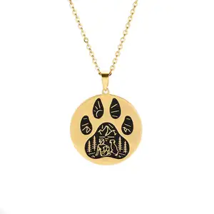 SSN041 סחר אבטחת אופנה נירוסטה זאב כלב Paw עגול תליון זהב מצופה הרי ירח בעלי החיים Paw הדפסת שרשרת