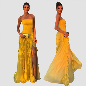 Vestido Elegante Francés con Volantes Irregulares y Abertura, Estilo Bandeau, para Vacaciones, Moda Formal - Product Image 1