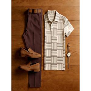 Elegante Completo Etnico Floreale da <span class=keywords><strong>Uomo</strong></span> 2 Pezzi: Camicia Bianca a Maniche Corte con Bottoni e Risvolto & Pantaloni - Set Estivo Casual da <span class=keywords><strong>Uomo</strong></span> - Product Image 4
