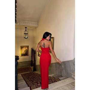 Robe de soirée rouge à détails roses, col montant, manches courtes, coupe empire, pailletée, style A-line, pour bal de promo, soirée de remise de diplôme et banquet - Product Image 1