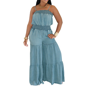 Mono vaquero de mujer más vendido, de color liso, sin mangas, con tirantes finos, estilo camisero, de pierna ancha, a la moda. - Product Image 2